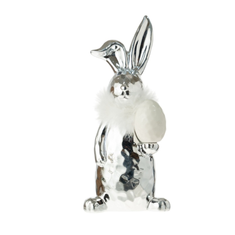 Πασχαλινός Κεραμικός Ασημί Λαγός με Αυγό και Λευκό Πούπουλο 7.7x7.1x16.8cm