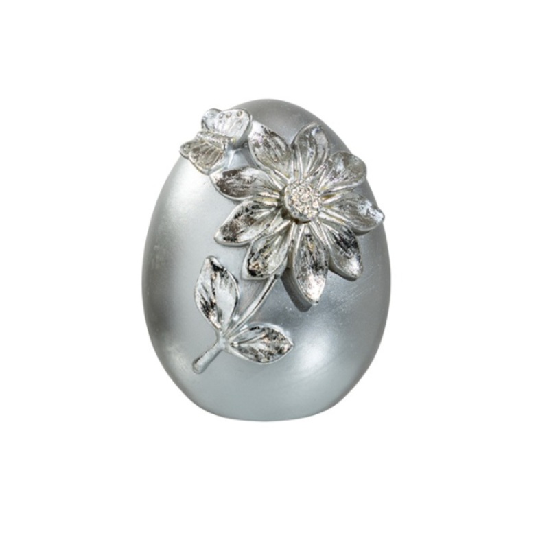 Πολυεστερικό Αυγό Ασημί Ματ με Ασημί Λουλούδι  8.5x9x11.5cm