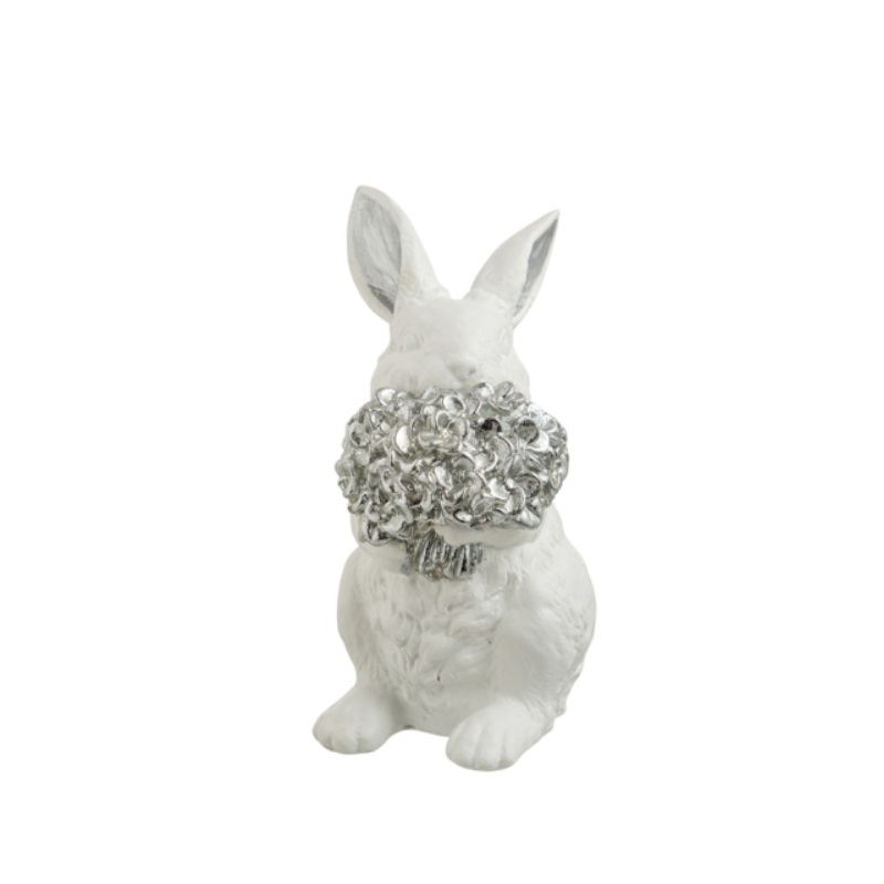 Πασχαλινός Λαγός Λευκός με Ασημί Μπουκέτο 9x11,3x18cm